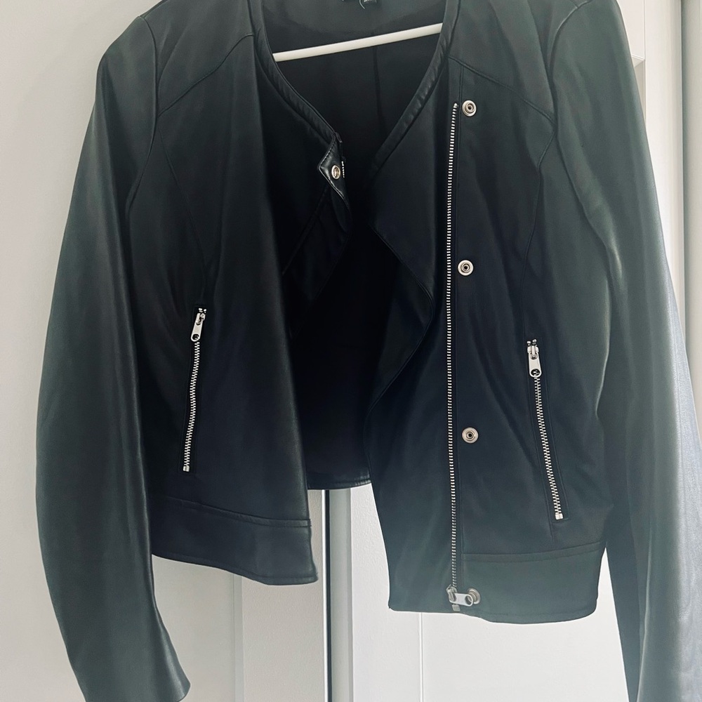 Zara Black Leather Jacket with Silver Accents, Size Large - Picture 2 of 12